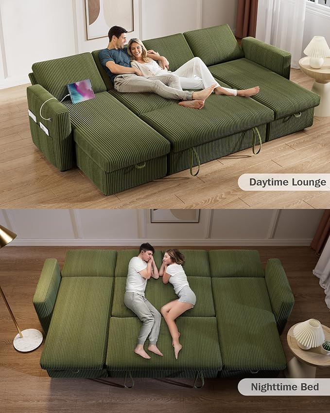 Vipbear 104 Sectional Sleeper Sofa Bed with Pull Out Bed U Shaped Couch Pull Out Couch with Reclining Backrest Reversible Storage Chaise USB Ports Tool-Free Assembly Corduroy Green