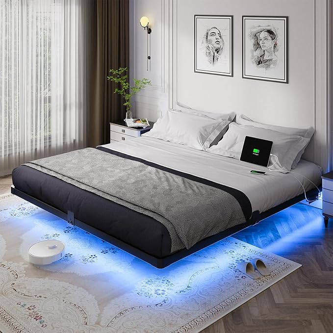 OLEVS King Size Floating Bed Frame Metal Platform with LED Light and Charging Station No Box Spring Needed Noise-Free Easy Assembly