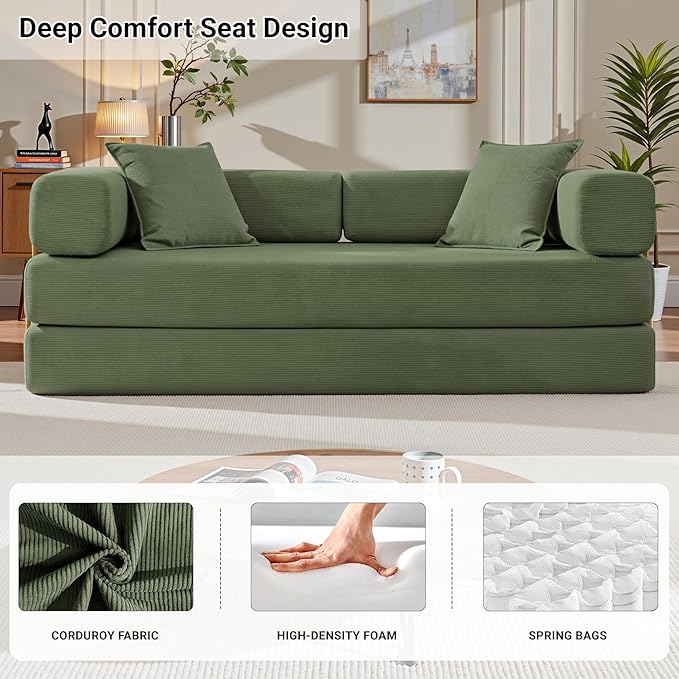 79 Inch Convertible Folding Sleeper Sofa Bed Modern Corduroy Futon Sofa Fold Out Couch Bed with Metal Fixed Frame Modular Comfy Boneless Couches Floor Sofas for Living Room Olive Green