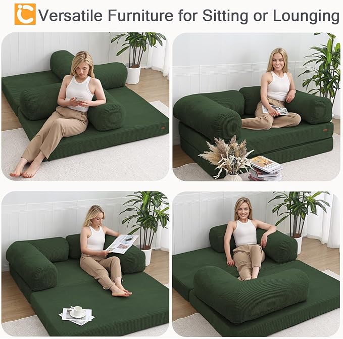 COMAX 4‑in‑1 Futon Sofa Bed Queen – Floor Foldable Convertible Sofa Couch with L‑Shaped Armrests Removable Cover Green Convertible Guest Bed | Space‑Saving Fold‑Out Mattress Lounge for Living Room