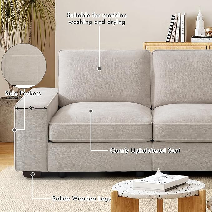 TEKAMON 100 Modular Sectional Sofa with Seats Storage L Shaped Couch with Movable Ottoman for Living Room Couch with Chaise Solid Wood Frame Spring Cushions USB Port Removable Covers Beige | S