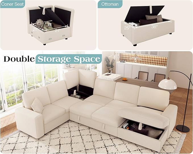 VanAcc 130 Sofa Bed Sectional Sleeper Sofa with Pull Out Bed Sleeper Couch with Storage 6 Seater Couch for Living Room Corduroy Off-White