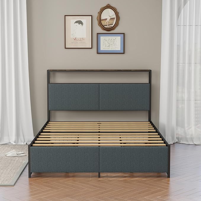 Panana Queen Bed Frame with Storage Headboard Platform Bed with 4 Drawers No Box Spring Needed Easy Assembly Fabric Grey