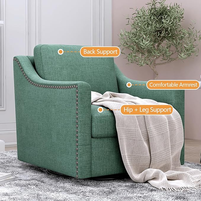 Mid-Century Modern Swivel Accent Chair with 360 Degree Rotation Skin-friendly Cotton Linen Fabric Upholstered Armchair with Brass Nailhead Trim Soft Padded Single Sofa Chair for Living Room Green