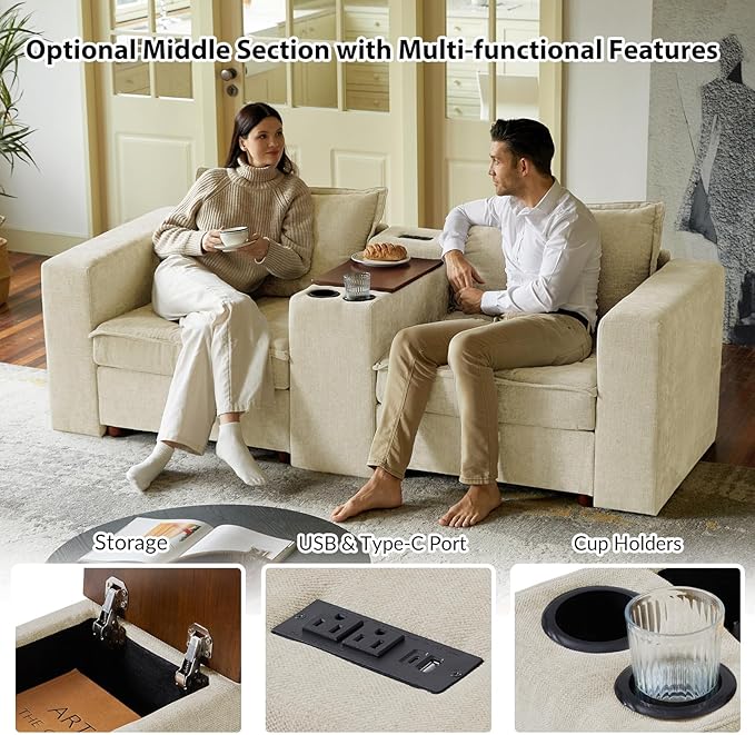 EcoHarbor Living Modular Sofa Center Console with Tabletop &amp Dual Charging Ports Multi-Functional Sectional Organizer tith Cup Holder &amp USB Charger for Customizable Sofa Configurations Beige