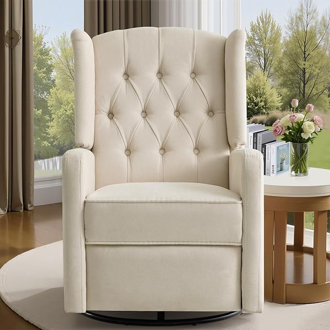 ABAKAN Swivel Rocker Recliner Chair 360 Degree Nursery Rocking Recliner Linen Glider Chair with Button Tufted Wingback Chair for Living Room BedroomAsh Beige