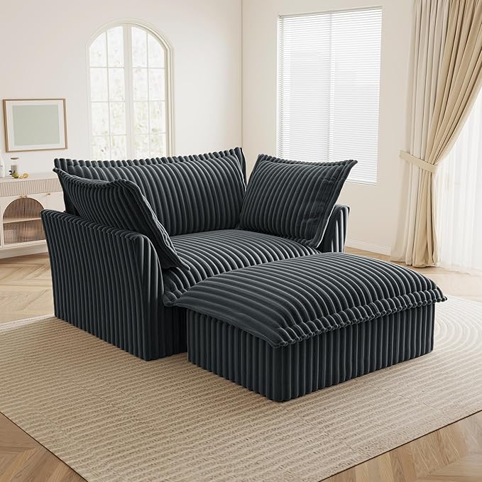Modular Accent Armchair with Ottoman and Pillows Soft Corduroy Lounge Chair for Living Room Bedroom or Reading Nook – Oversized Chaise Lounge Design (Grey Chair+Ottoman)