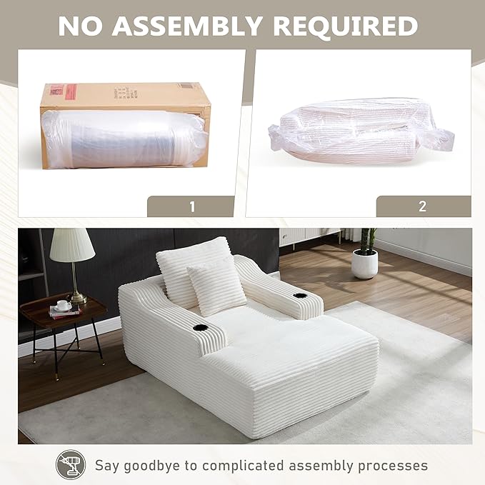 PELUMY 67 Oversized Chaise Lounge Sofa Bed Corduroy Boneless Sleeper Sofa with 2 Pillows &amp 2 Cup Holders Plush Cloud Couch for Living Room No Assembly Required (White)