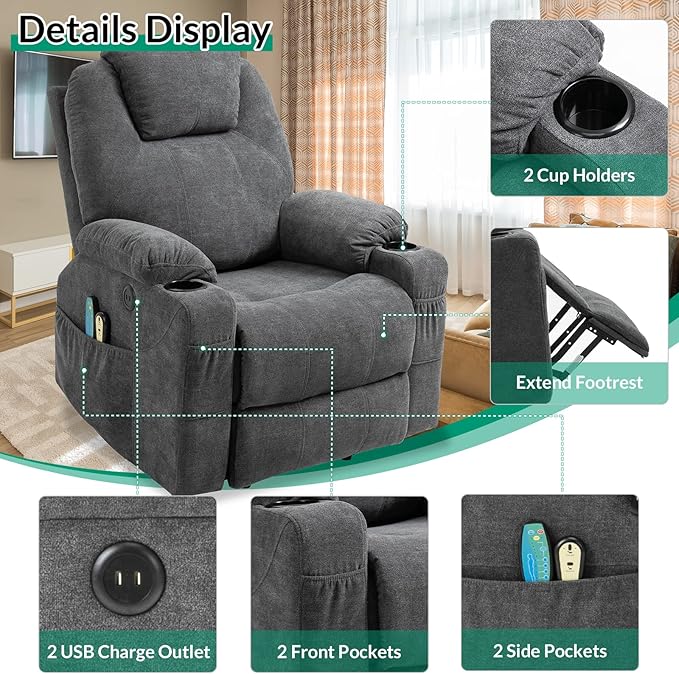 VIVIJASON Power Lift Chair Electric Recliner for Elderly Heated Vibration Massage Fabric Recliner Chair with 2 Remote Controls Cup Holders Side Pockets &amp USB Ports for Living Room (Grey)