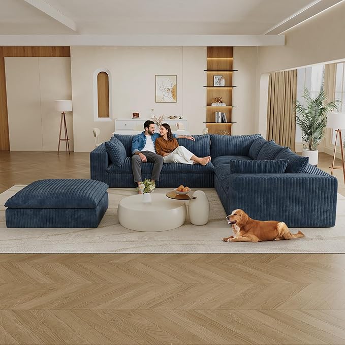 118.2 Modern V Shaped Corner Sofa Comfy Modular Sectional Cloud Couch with Plush Corduroy Fabric Deep Seat Upholstered Sofa Boneless Couches for Living Room No Assembly (Blue + Ottoman)