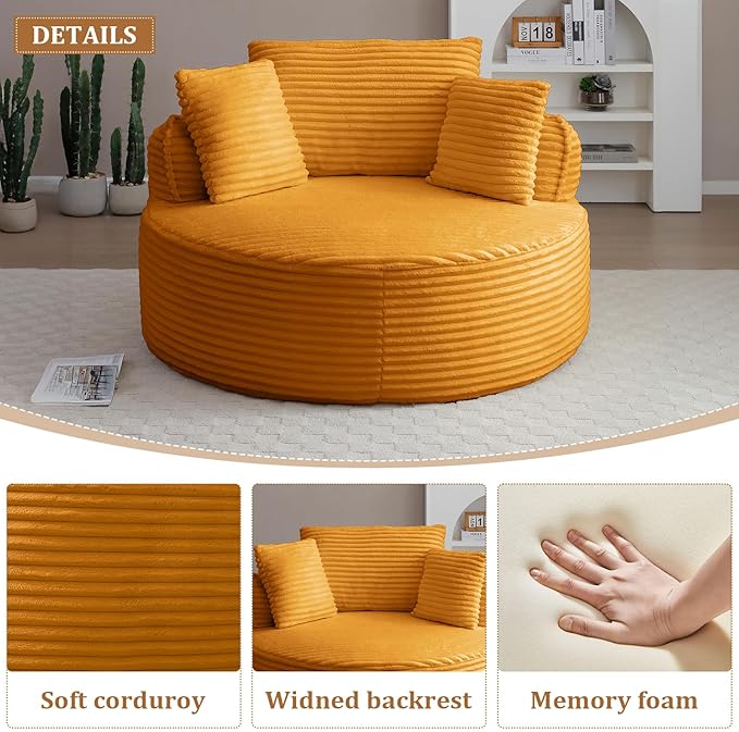 53'' Oversized Round Chaise Longue Chair Upholstered Corduroy Single Cloud Circle Sofa Chair Comfy Deep Seat Boneless Couch Bed No Assembly Required for Living Room Bedroom Apartment Yellow