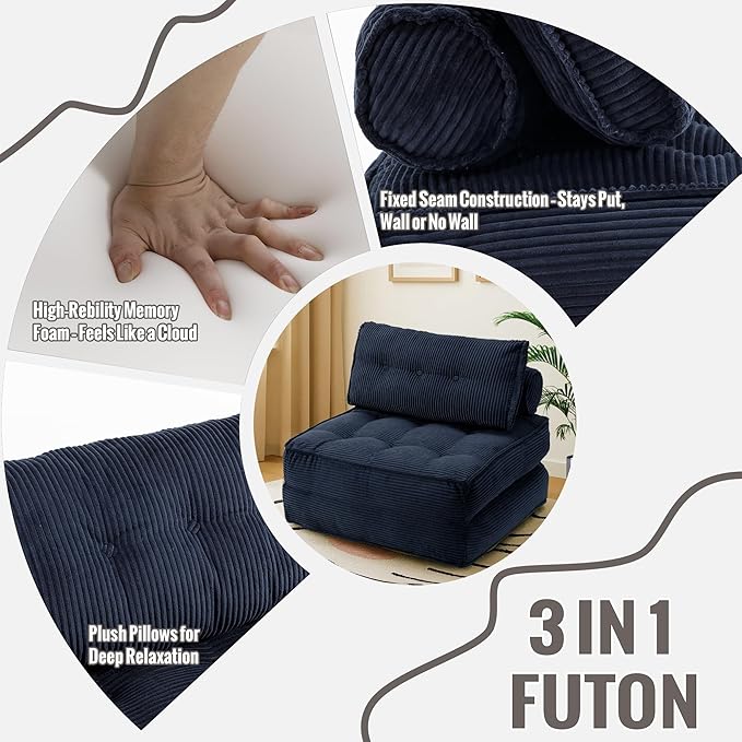 Folding Sofa Bed Convertible Sleeper Chair 33 with Pillow Futon Boneless Couch with Back Support Small Couch for Living Room(Blue Single)