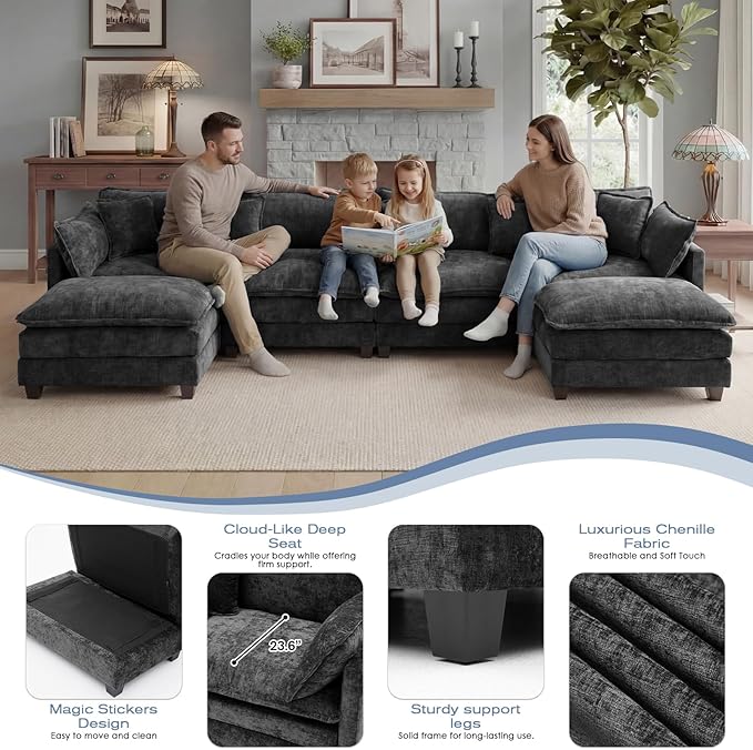 113.4 L-Shaped Modular Sectional Sofa with Ottoman Comfy Cloud Couch with Deep Seat (23.6 D) Solid Wood FrameBeige/Gray/Blue/Black for Living Room Small Apartment (Black 3 Seat)
