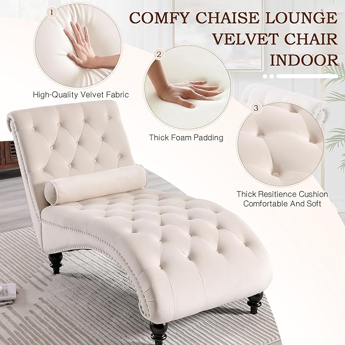 SLEERWAY Chaise Lounge Chair Indoor Modern Velvet Upholstered Sofa with Solid Wooden Leg and Lumbar Pillow Button Tufted Sleeper Chaise Lounge Chairs for Bedroom Living Room Office Beige