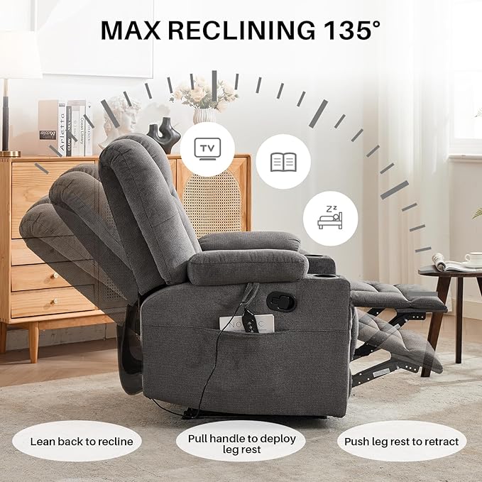 Recliner Chair with Massage and HeatChenille Recliner Sofa Chairs for AdultsWall Hugger Recliners for Living Room Reclining Armchairs with Cupholders Dark Gray