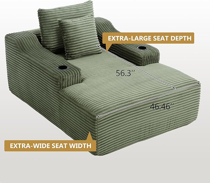 67 Chaise Lounge Chair Indoor Upholstered Corduroy Couch with 2 PillowsComfy Fluffy Cloud CouchSingle Sleeper Sofa Chair for Livingroom (Green 46.5W X 67D)
