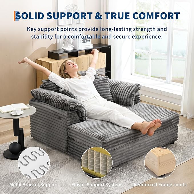 Oversized Chaise Lounge Chair Indoor Upholstered Sofa Bed with Throw Pillows and Armrests Comfy Corduroy Sleeper Couch with Cup Holders and Charging Port for Living Room Bedroom 60 Inch Wide Grey