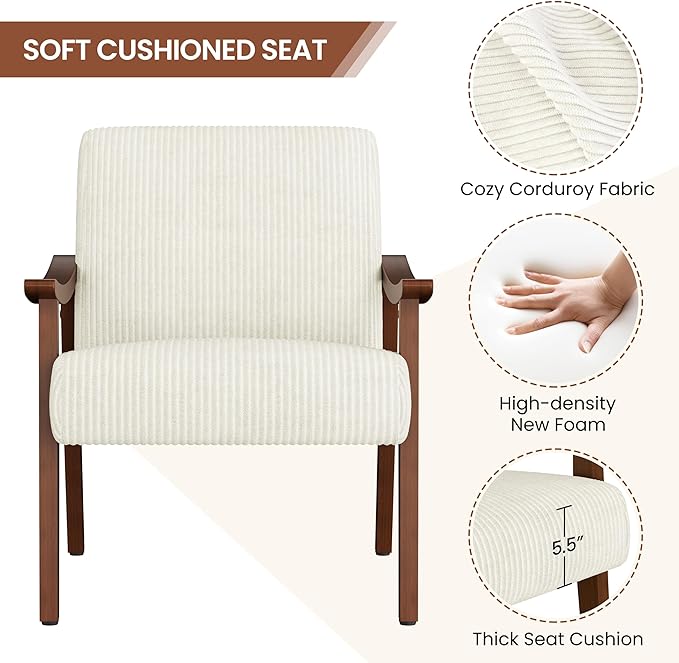 Yaheetech Corduroy Accent Chair Mid-Century Modern Armchair with Solid Wood Legs Reading Leisure Chair with High Back for Living Room Bedroom Waiting Room Beige