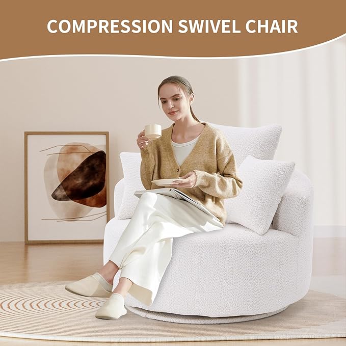 40” White Round Swivel Chair with 3 Pillows &amp Thick Cushion Oversized 360° Swivel Accent Chair Modern Boucle Armchair for Nursery Living Room Bedroom Club