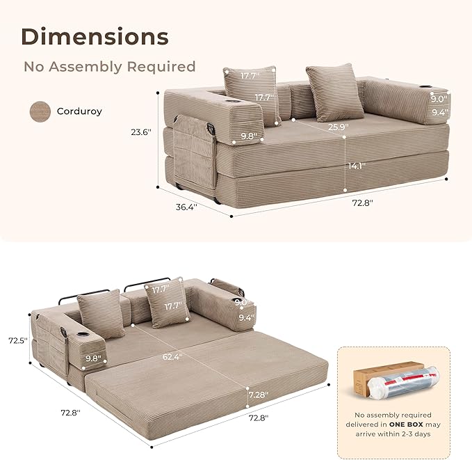 WELAX 72.8 Convertible Sleeper Sofa Bed Boneless Cloud Queen Futon Couches with Cupholders &amp Storage Pockets Corduroy Folding Floor Couch for Bedroom Apartment No Assembly Khaki