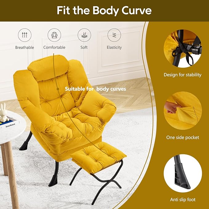 Lazy Chair with Folding Ottoman Modern Large Accent ChairContemporary Lounge Leisure Sofa Chair with Armrests Upholstered Sofa Armchair Reading Chair for BedroomDorm &amp Office (Yellow-f)