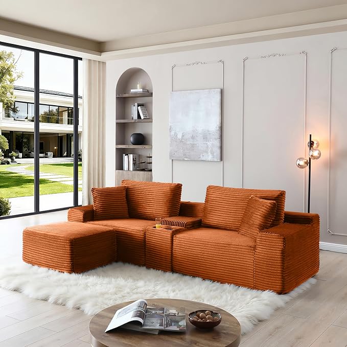 111 Inch Modular Sectional Sofa Couch Oversized Modern Cloud Couch for Living Room L Shape Couches with Ottomans USB Ports and Cup Holders Orange Corduroy Boneless Sofas Sofa in a Box