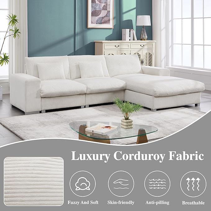 113 Inch Modular Sectional SofaModern l-Shaped Deep Seats Corduroy CouchSponge Couches with Chaise Lounge for Living Room Or Bedroom (White)