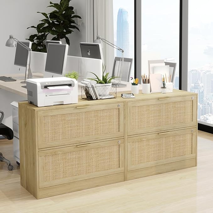 HOPUBUY 2 Drawer File Cabinet with Lock Printer Stand Lateral Filing Cabinets for Home Office and School Wood Rattan File Cabinet for Hanging Files/Letter/Legal/A4/F4 Size Oak