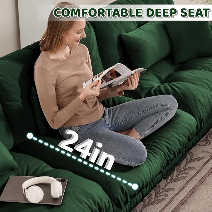 94.4 L-Shape Modular Cloud Sectional Sofa with Chenille Plush Fabric - 2 Seater Couch with Deep Seat and Movable Ottoman for Living Room Apartment and Office - Green