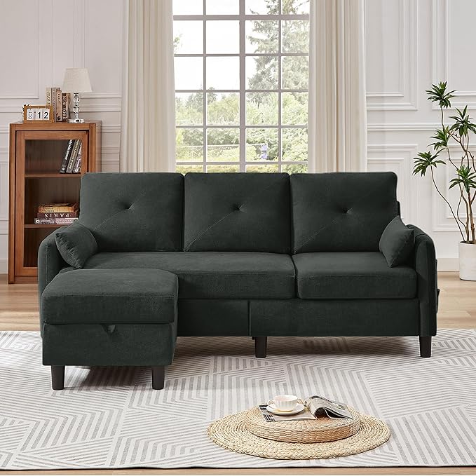 77 Convertible Sectional Sofa Couch Modern 3-Seat L-Shaped Couch with Reversible Ottoman and Storage Pocket Small Sectional Couches for Living Room Apartment and Small Spaces Black