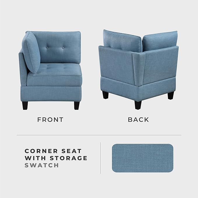 Lexicon Modern Modular Corner Chair with Hidden Storage Textured Fabric with Button-Tufted Design Reversible Back Cushion for Living Room/Bedroom/Office Blue