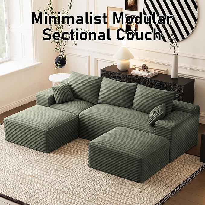 Modular Sectional Sofa Cloud Couch 108'' Comfy U Shaped Sectional Couches for Living Room Deep Seat Cozy Fluffy Corduroy Boneless Couch Sectionals Sofa with Movable Ottomanm Olive Green