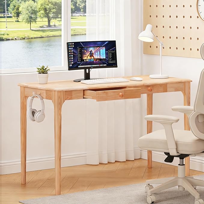Natural Solid Wood Desk with Drawers Mid Century Modern Real Wood Writing Desk Home Computer Office Desks for Work Standing Desk for Bedroom Small Spaces (Wood Color 40×22(100×56cm))