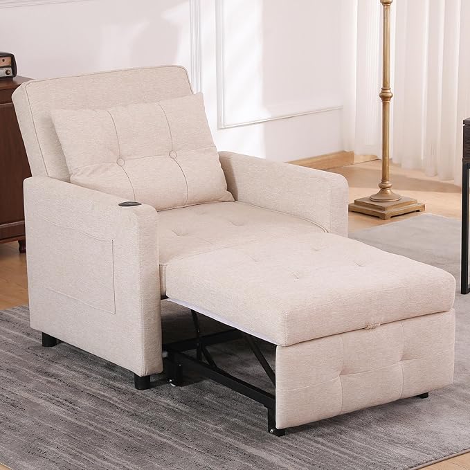 3 in 1 Boucher with Pull-Out Sofa Convertible Lazy Sleep Armrest Sofa Chair with Storage Pockets and Adjustable Backrest Comfortable Folding Seat Bed Bedroom Bed (Dark Grey) (Beige)