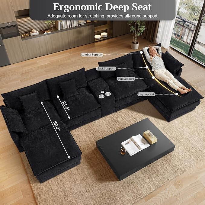 145 Oversized Modular Sectional Sofa U Shaped Cloud Couch Modern 6 Seat Sofa Set for Living Room Comfy Chenille Deep Seat with Storage Central Console Movable Ottomans Cup Holders USB Ports Black