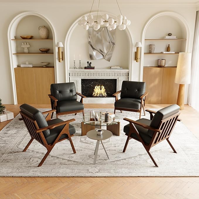 STHOUYN Black Leather Office Accent Chair Set of 2 Office Lounge Chair with Wooden Arms Mid Century Modern Chair Side Arm Chairs for Living Room Comfy Guest Waiting Room Chairs (2 Black)