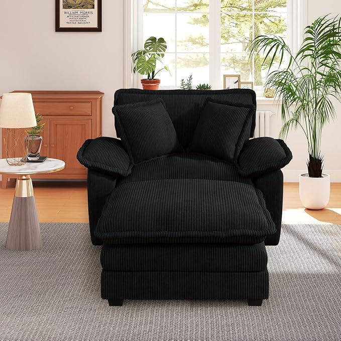 48 W Oversized Chaise Lounge Chair Indoor with Ottoman Upholstered Cloud Accent Chair with Extra Wide Armrests Comfy Green Corduroy Sleeper Chair for Living Room Bedroom Reading (Black)