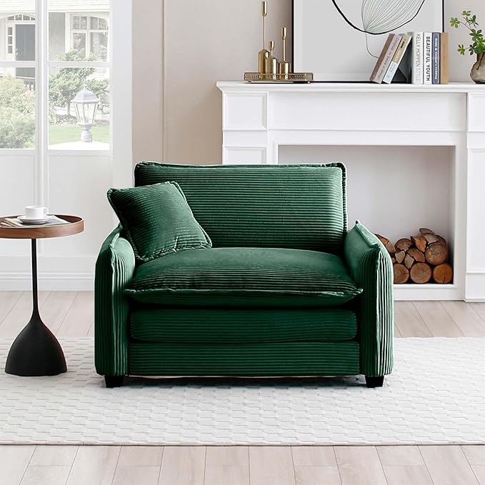 Oversized Deep Seat Single Sofa Chair 46 in Stylish Accent Couch Chair with One Throw Pillow Upholstered Corduroy Fabric Comfy Armchair for Living Room Bedroom Green