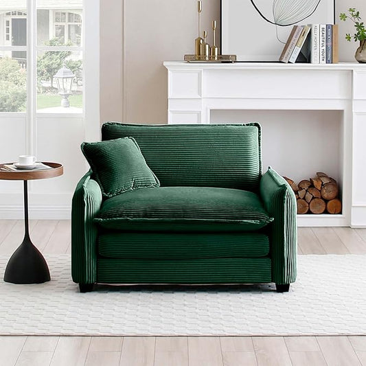 Oversized Deep Seat Single Sofa Chair 46 in Stylish Accent Couch Chair with One Throw Pillow Upholstered Corduroy Fabric Comfy Armchair for Living Room Bedroom Green
