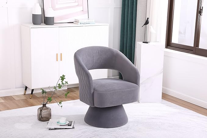 Velvet 360-Degree Swivel Round Barrel Chair with Quiet Swivel Base Deep Seat &amp Curvaceous Design and Sturdy Wooden Frame Comfortable Armchair for Living Room Grey