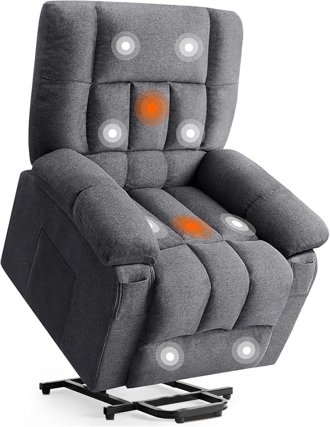 DUMOS Power Lift Recliner Chair with Vibration Massage and Heat for Elderly Ergonomic Overstuffed Breathable Fabric Reclining Chair with 3 Pockets Remote Control Living Room Bedroom Grey