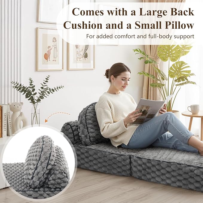 Folding Sofa Bed 3-in-1 Convertible Sleeper Chairs with PillowBack Support Fuzzy Fabric Floor Couch Bed for Adults Boneless Couches Living Room Bedroom Apartment Grey
