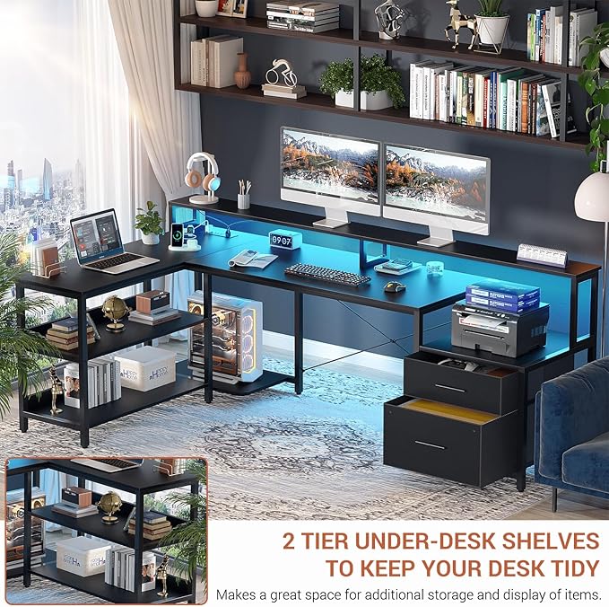 Aheaplus L Shaped Desk with File Drawer 72.8 Reversible L Shaped Computer Desk with Power Outlet &amp LED Strip Gaming Desks with Long Monitor Stand Corner Office Desks with Storage Shelf Black