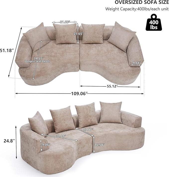 109” Curved Sectional Sofa Chenille Fabric Modular Cloud Couch No Assembly Required Half Moon Couch with Deep Seat 4 Pillows for Living Room Apartment Bedroom