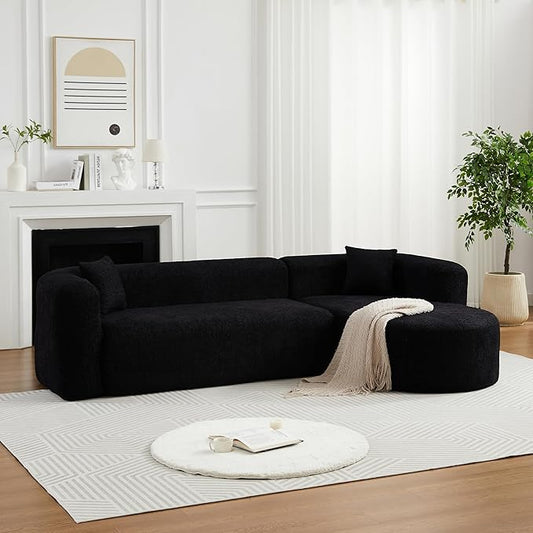 KEIKI 109.4 Curved Sectional Sofa Chenille Cloud Couch with 2 Pillows L-Shape Boneless Right Facing Sofa for Living Room Guest Bedroom Black