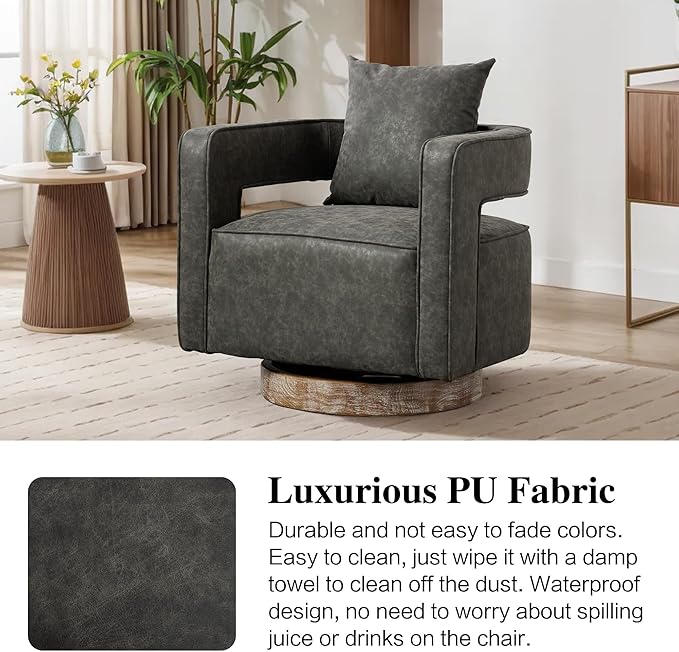 Mlmh &amp Kngwa 29 W Swivel Accent Barrel Chair Set of 2 Mid Century Modern PU Leather Round Arm Chair for Living Room BedroomGray