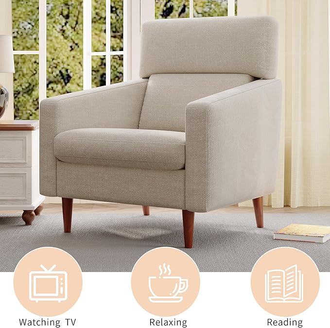EJUNQ Mid-Century Accent ChairFabric Modern Reading Living Room Chairs Upholstered Armchair with Wood LegsCozy Reading Chair for Living RoomBedroom（Beige