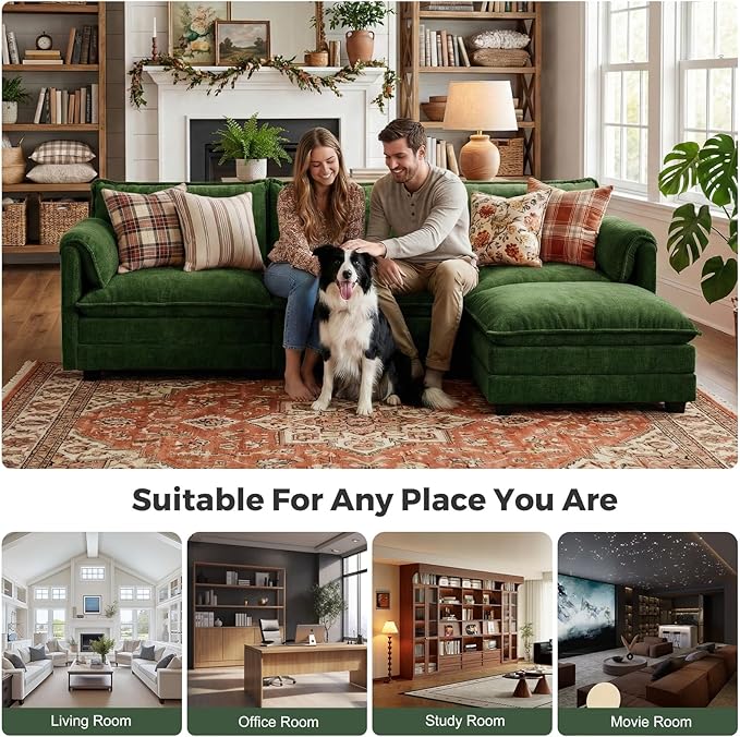 ELUCHANG 116 L Shaped Modular Sectional Cloud Couch with Pillow Deep Seat Sofa Couches for Living Room 4-Seat Modern Sofa with Movable Ottoman Chenille Green