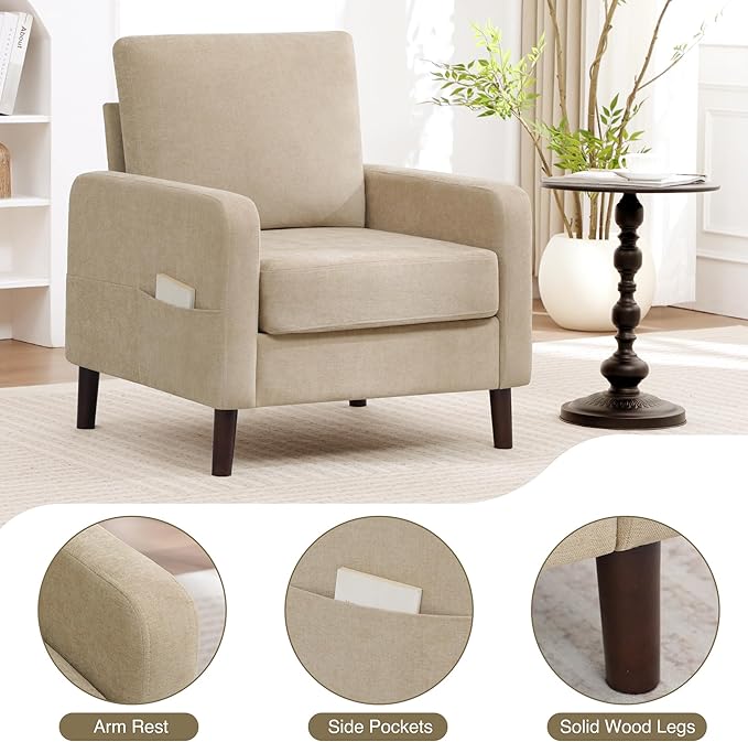 Accent Chair for Living Room Modern Reading Chair for Bedroom Upholstered Armchair with Wood Legs and Side Pockets Single Sofa Side Chair for Office Small Room Apartment Light Brown
