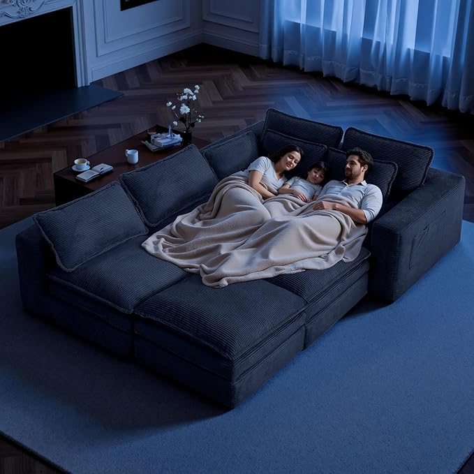 140 Sectional Couches Boneless Modular Sofa for Living Room with 2 Ottoman | No Assembly Required DIY Sofa Bed U shaped Couch | Corduroy Deep Seat with Double Layer Cushion &amp Removable Cover | Gr